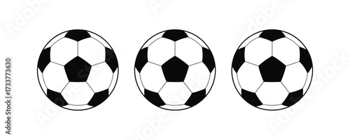 WebThree classic black and white soccer balls arranged in a clean row, perfect for sports graphics and design projects seeking a bold, iconic visual.