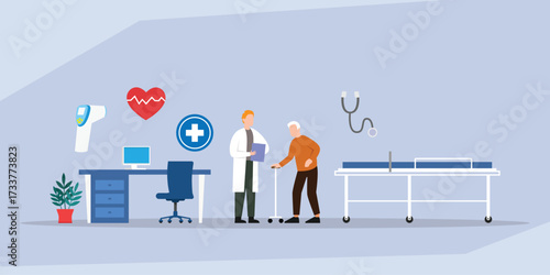 Geriatric Care and Senior Medical Consultation: Doctor Helping Elderly Patient in Clinic 2d flat vector illustration