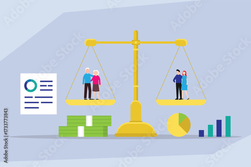 Generational Wealth Transfer and Financial Balance Between Young and Senior Couples on Scales 2d flat vector illustration