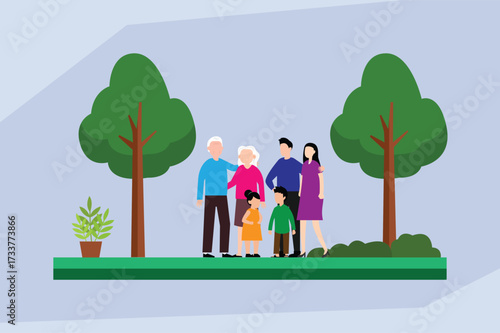 Multi-Generational Family Portrait Outdoors, Concept of Family Bonding, Health, and Environment 2d flat vector illustration