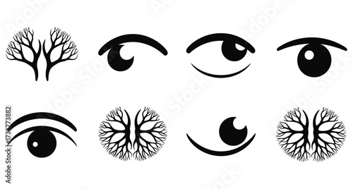 WebCaptivating black and white icons merge human vision with natural tree branches, symbolizing perception, growth, and unique perspectives for creative projects.