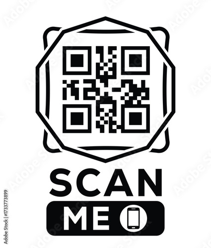 Minimalist black and white QR code label design with "SCAN ME" message, modern style, ideal for marketing, digital menus, business promotions, and mobile-based contactless solutions.	