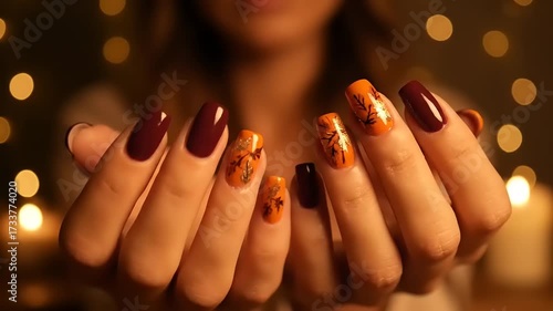 Close-up of elegant hands showcasing autumn-themed nail art with fall leaves and golden glitter accents on a cozy
