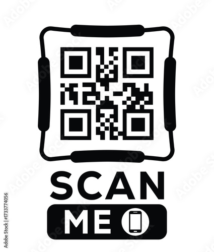 Minimalist black and white QR code label design with "SCAN ME" message, modern style, ideal for marketing, digital menus, business promotions, and mobile-based contactless solutions.	