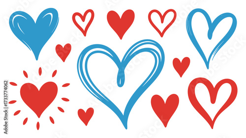 Collection of hand-drawn hearts in various sizes and colors for creative projects