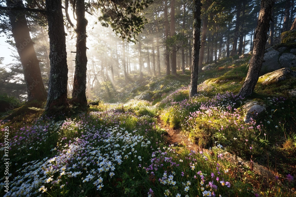 Obraz premium Sunlight shining through forest with wildflowers