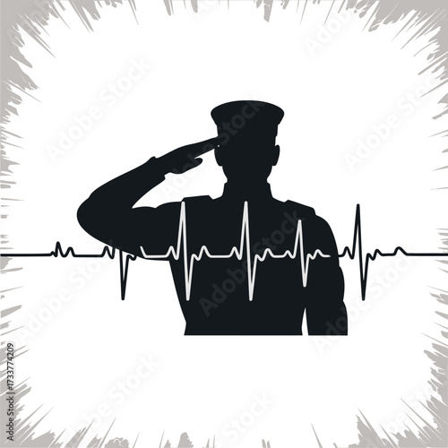 Saluting veteran figure, heart monitor line, radiating burst frame, memorial tribute artwork, patriotic remembrance poster, bold vector design