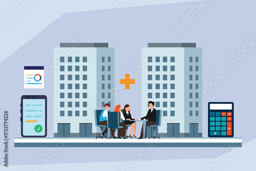 Merger and Acquisition (M&A) Business Deal Between Two Companies with Financial Analysis and Partnership 2d flat vector illustration