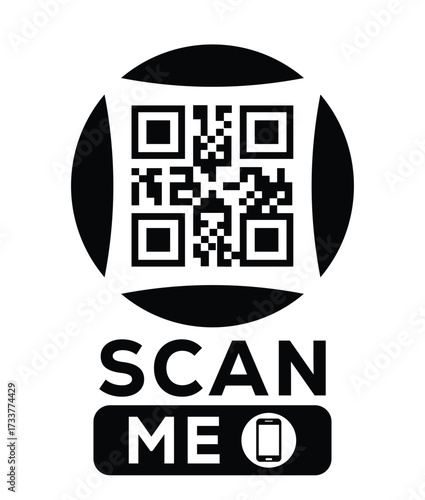 Minimalist black and white QR code label design with "SCAN ME" message, modern style, ideal for marketing, digital menus, business promotions, and mobile-based contactless solutions.	