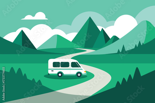 Cartoon Camper Van on Winding Road Surrounded by Green Mountains and Cloudy Sky Illustration