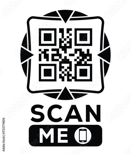 Minimalist black and white QR code label design with "SCAN ME" message, modern style, ideal for marketing, digital menus, business promotions, and mobile-based contactless solutions.	