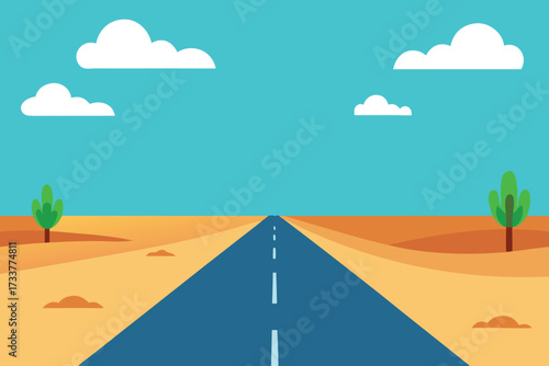 Cartoon Desert Road Trip Blue Highway, White Clouds, and Green Cactus Trees