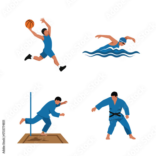 Diverse Sports Icons Basketball Swimming Pole Vault Judo Athletes in Action.