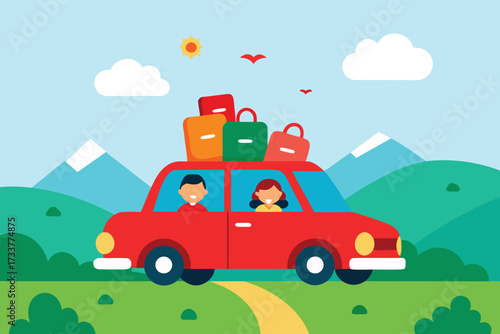 Cartoon Illustration of a Red Car on a Road Trip with Luggage and Couple
