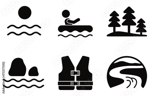 WebCaptivating collection of outdoor adventure icons including kayaking, sun, waves, trees, life vest, and scenic landscape perfect for travel and recreation themes