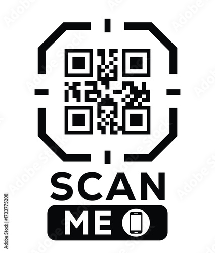 Minimalist black and white QR code label design with "SCAN ME" message, modern style, ideal for marketing, digital menus, business promotions, and mobile-based contactless solutions.	