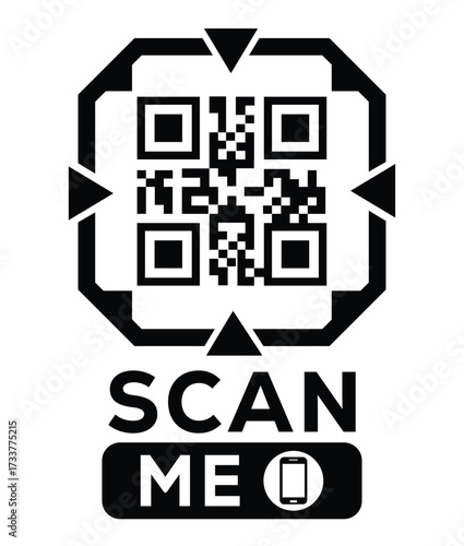 Minimalist black and white QR code label design with "SCAN ME" message, modern style, ideal for marketing, digital menus, business promotions, and mobile-based contactless solutions.	