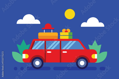Cartoon Red Car with Luggage on Top Under the Sun and Clouds on Blue Background
