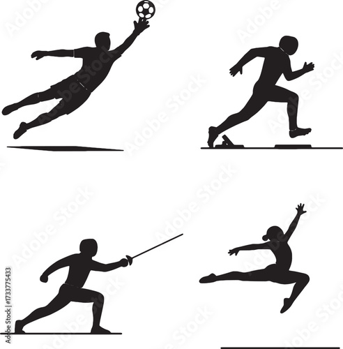 Four Silhouetted Athletes Soccer Dive Running Fencing and Leaping Dancer.