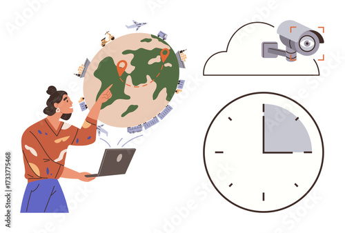 Woman with laptop tracking world locations via GPS, with a surveillance camera and clock for monitoring, security, and scheduling. Ideal for technology, navigation, security, travel, logistics