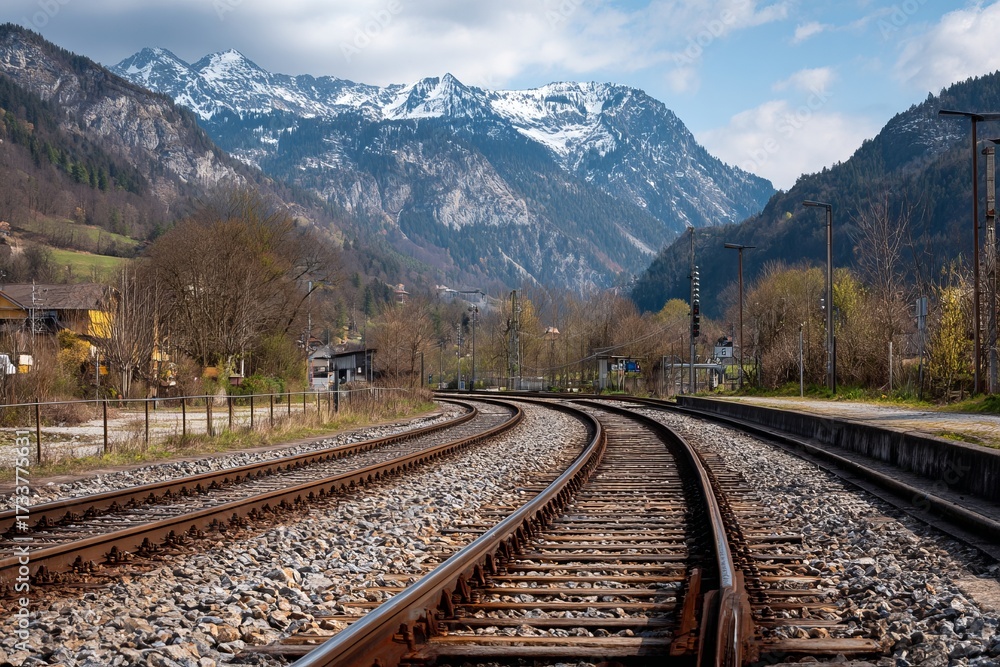 Fototapeta premium Railway tracks curving through mountain landscape with snowy peaks