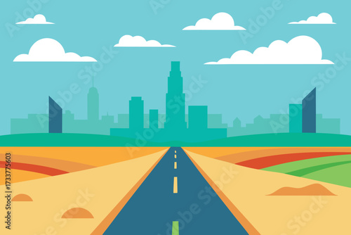 Cartoon Skyline Illustration with Road Leading to City under Cloudy Sky Design