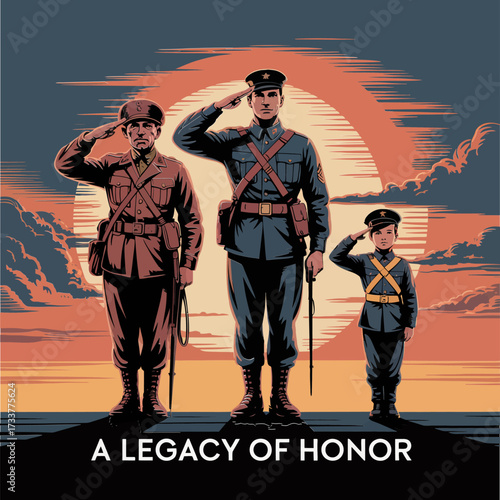 legacy of honor illustration, saluting service member with family, sunset background, respectful tribute artwork, patriotic veterans appreciation vector