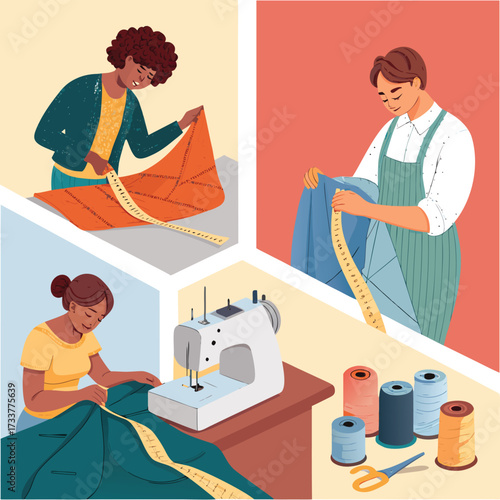 Vector art of diverse group of tailors and seamstresses working with fabric, sewing machines, and measuring tapes, showcasing the art of tailoring and design