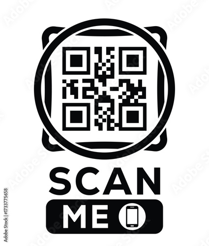 Minimalist black and white QR code label design with "SCAN ME" message, modern style, ideal for marketing, digital menus, business promotions, and mobile-based contactless solutions.	