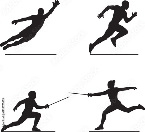 Silhouetted Athletes Diving Running and Fencing Poses in Black.