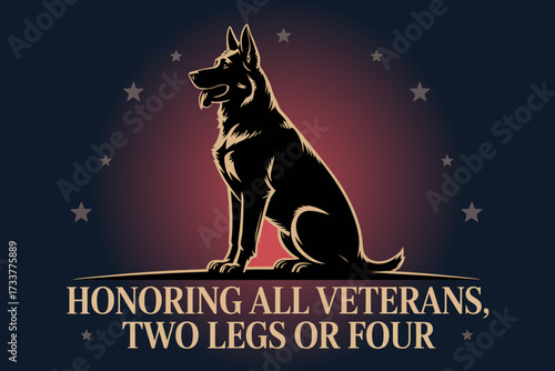 service dog honor badge, star halo, loyal silhouette, recognizing all veterans two legs or four, vector illustration