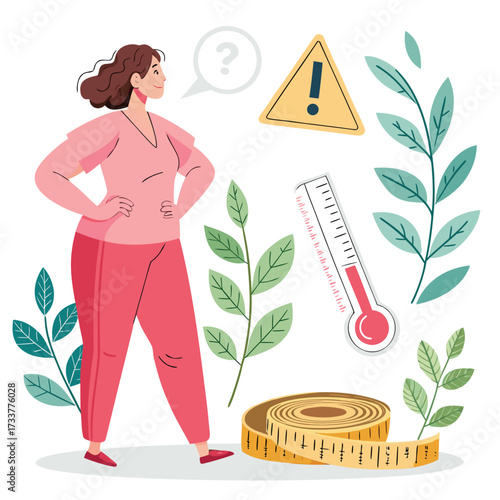 Vector art of a woman is concerned about her health, surrounded by symbols of weight gain, fever, and measurement
