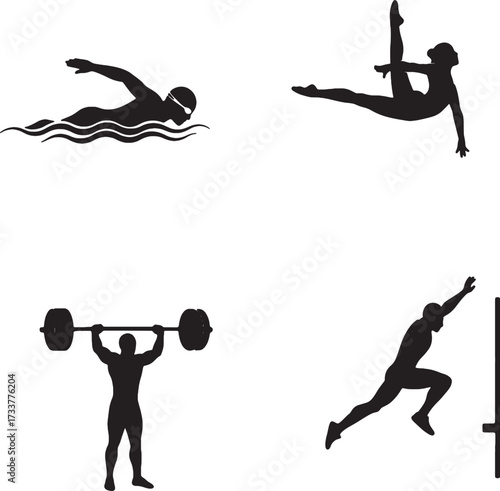 Silhouetted Athletes Swimmer Gymnast Weightlifter and High Jumper in Action.
