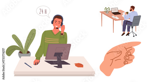 Call center agent answering customer inquiries, working father juggling remote tasks and childcare, finger pointing direction. Ideal for support, communication, remote work, work-life balance
