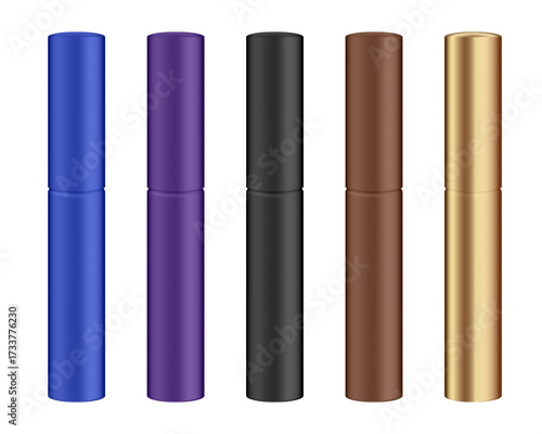 Set of cosmetic tubes. Mascara, liquid eye liner. Black, blue, purple, brown, and gold bottles