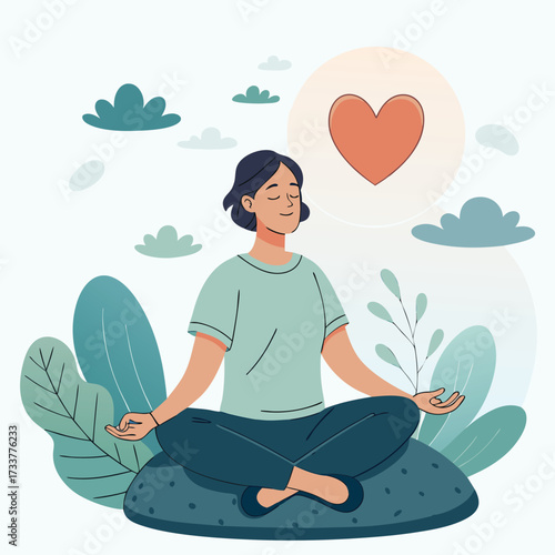 Vector art of woman meditating in lotus position on a cushion with heart shape above her head, surrounded by leaves and clouds, promoting mental health