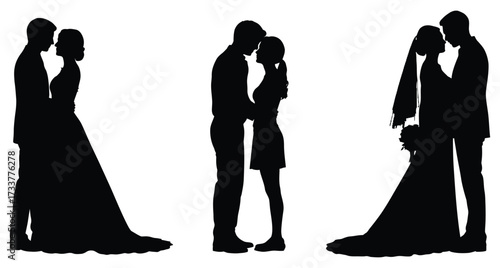 WebRomantic silhouettes of couples embracing, a bride and groom in wedding attire with a bouquet, and a couple in elegant dresses, capturing timeless love and commitment for celebratory designs.