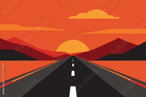 Desert Road at Sunset with Mountains Silhouette and Orange Sky Flat Illustration