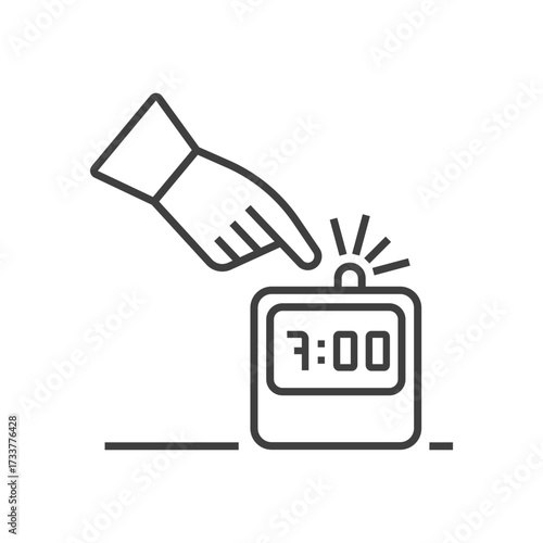 Line vector icon of a digital alarm clock showing 7:00 with a hand pressing the snooze button. Wake-up time, morning routine, reminders, or sleep concept. Editable stroke. School, work schedule