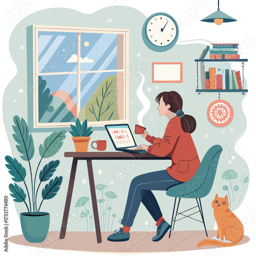 Vector art of woman working from home with laptop, drinking coffee, cat sitting nearby, plants, and cozy interior, enjoying the day