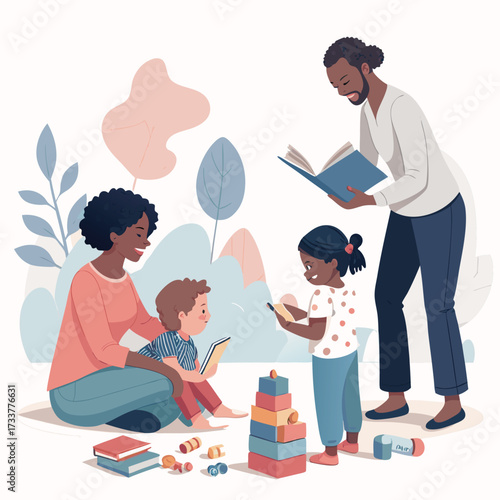 Vector art of a loving family enjoys quality time together, reading books and playing with toys in a cozy and inviting indoor setting