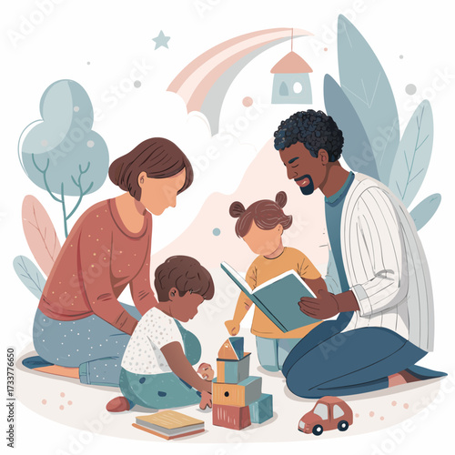 Vector art of a heartwarming scene of a family reading and playing together in a cozy room, filled with love, laughter, and joy