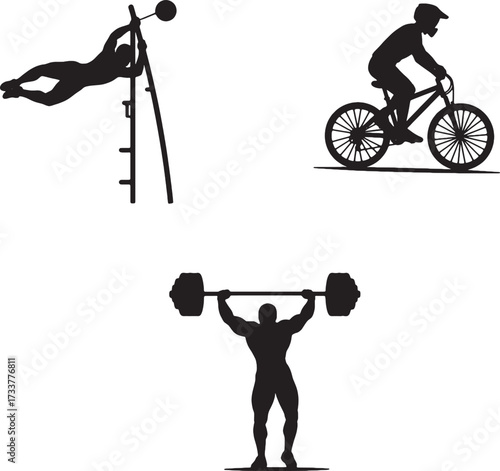 Silhouettes of Athletes Ladder Climb BMX Bike and Weightlifting.