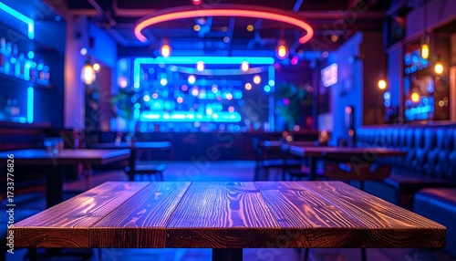 Nightclub interior, blurred background, wooden table