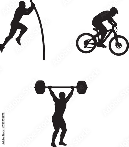 Silhouettes of Athletes Pole Vault Mountain Biking and Weightlifting.
