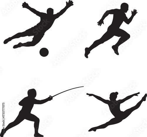 Silhouettes of Diverse Athletes in Action Soccer Running Fencing and Gymnastics.