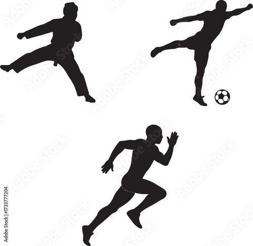 Silhouettes of Martial Artist Soccer Player and Runner in Action Poses.