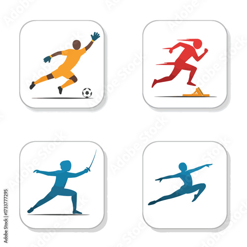 Sports Icons Set Goalkeeper Runner Fencer and Diver in Action.