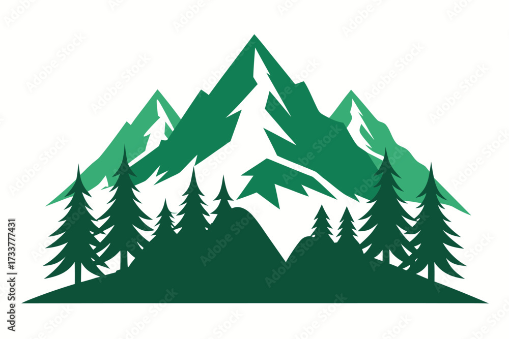 Obraz premium Green Mountains and Pine Trees Illustration Isolated on White Background Design