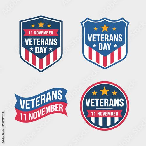 Veterans day shield labels, red white blue emblems, holiday tag pack, banners and circles, patriotic sticker vector